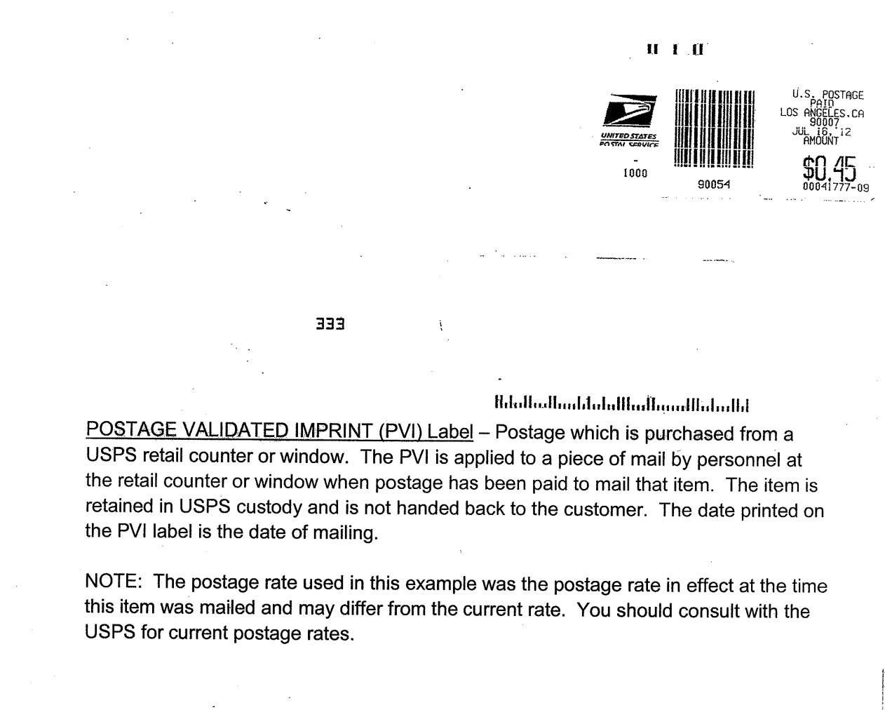 Postage Validated Imprint (PVI) Label example.